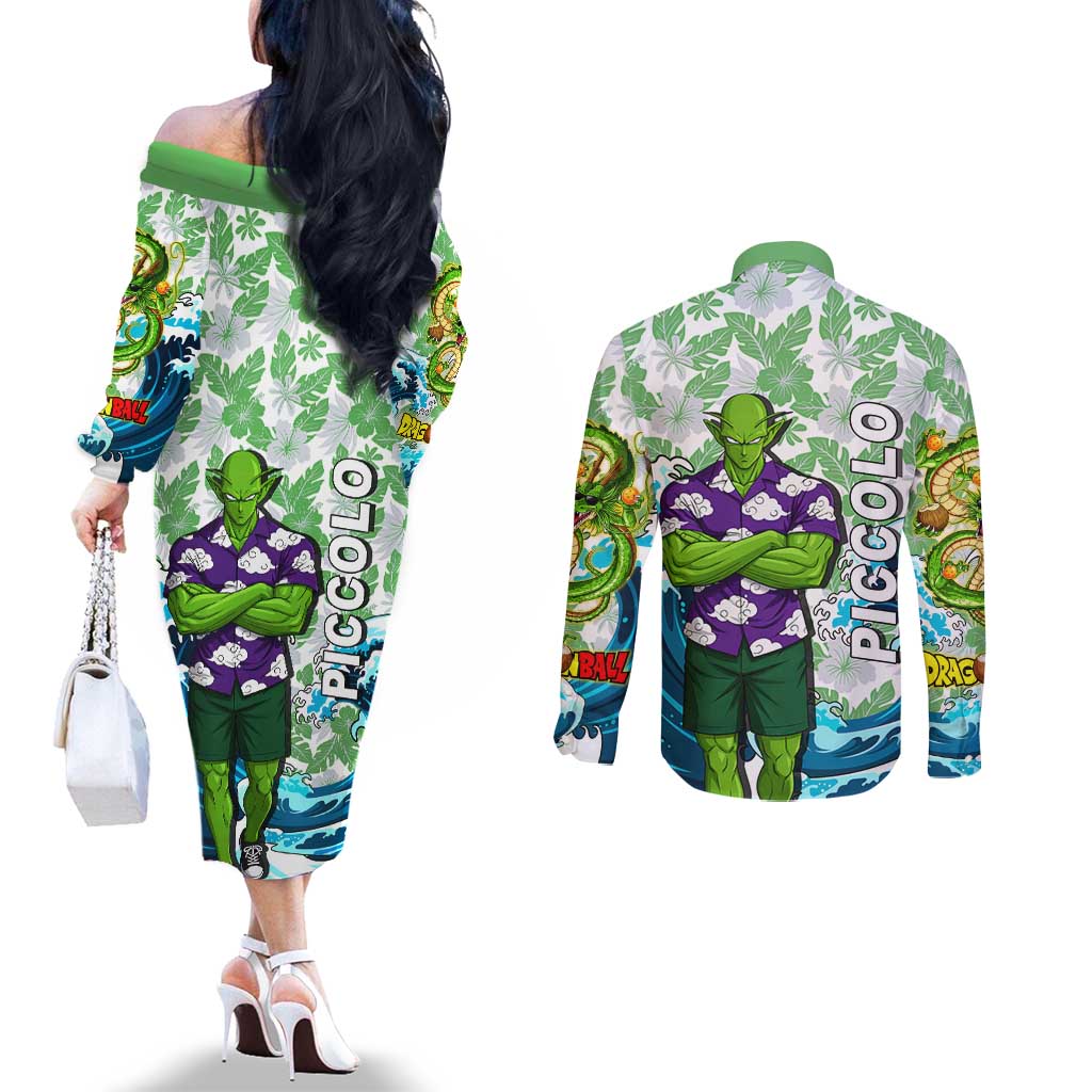 Piccolo Dragon Ball Summer Theme Couples Matching Off The Shoulder Long Sleeve Dress and Long Sleeve Button Shirt with Tropical Shirt Shenron Background and Ocean Wave Design - The Mazicc