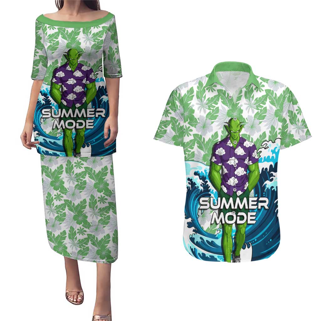 Piccolo Dragon Ball Summer Theme Couples Matching Puletasi and Hawaiian Shirt with Tropical Shirt Shenron Background and Ocean Wave Design - The Mazicc