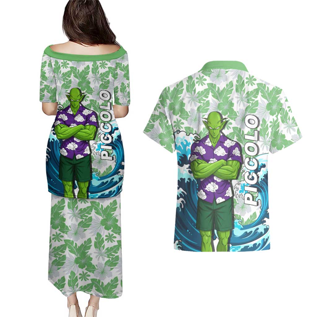 Piccolo Dragon Ball Summer Theme Couples Matching Puletasi and Hawaiian Shirt with Tropical Shirt Shenron Background and Ocean Wave Design - The Mazicc