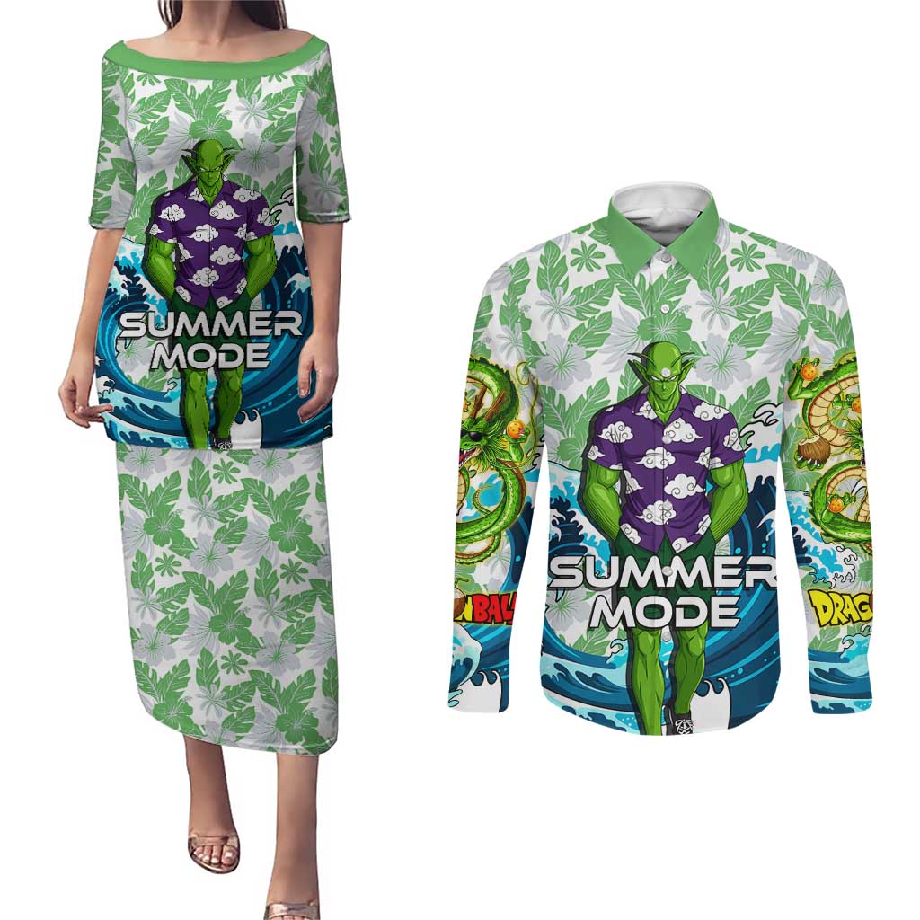 Piccolo Dragon Ball Summer Theme Couples Matching Puletasi and Long Sleeve Button Shirt with Tropical Shirt Shenron Background and Ocean Wave Design - The Mazicc