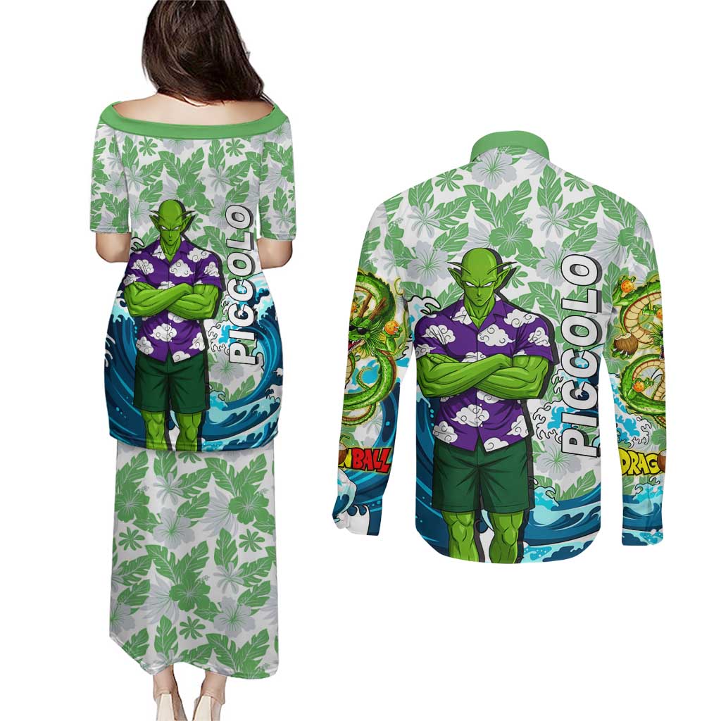 Piccolo Dragon Ball Summer Theme Couples Matching Puletasi and Long Sleeve Button Shirt with Tropical Shirt Shenron Background and Ocean Wave Design - The Mazicc