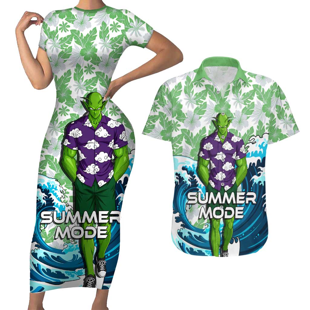 Piccolo Dragon Ball Summer Theme Couples Matching Short Sleeve Bodycon Dress and Hawaiian Shirt with Tropical Shirt Shenron Background and Ocean Wave Design - The Mazicc