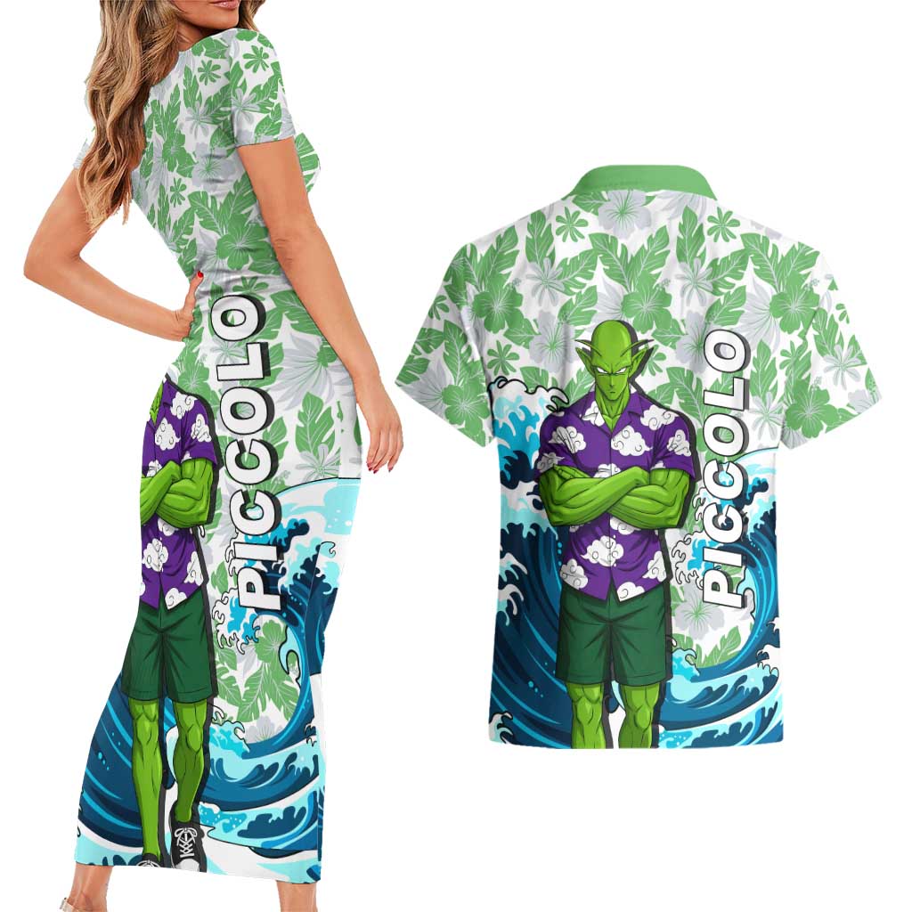 Piccolo Dragon Ball Summer Theme Couples Matching Short Sleeve Bodycon Dress and Hawaiian Shirt with Tropical Shirt Shenron Background and Ocean Wave Design - The Mazicc