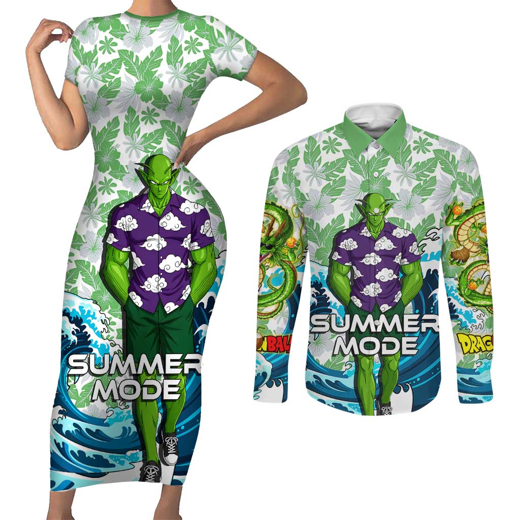 Piccolo Dragon Ball Summer Theme Couples Matching Short Sleeve Bodycon Dress and Long Sleeve Button Shirt with Tropical Shirt Shenron Background and Ocean Wave Design - The Mazicc