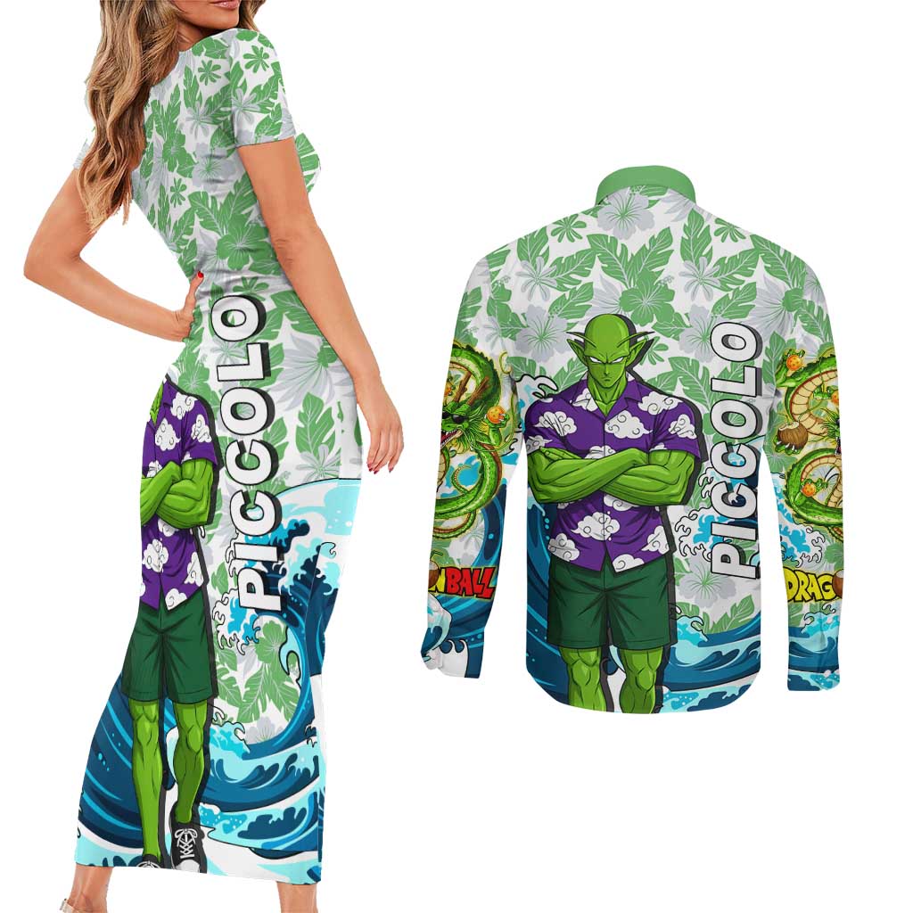 Piccolo Dragon Ball Summer Theme Couples Matching Short Sleeve Bodycon Dress and Long Sleeve Button Shirt with Tropical Shirt Shenron Background and Ocean Wave Design - The Mazicc