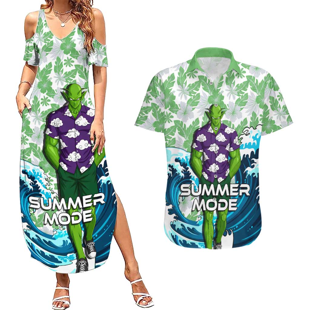 Piccolo Dragon Ball Summer Theme Couples Matching Summer Maxi Dress and Hawaiian Shirt with Tropical Shirt Shenron Background and Ocean Wave Design - The Mazicc