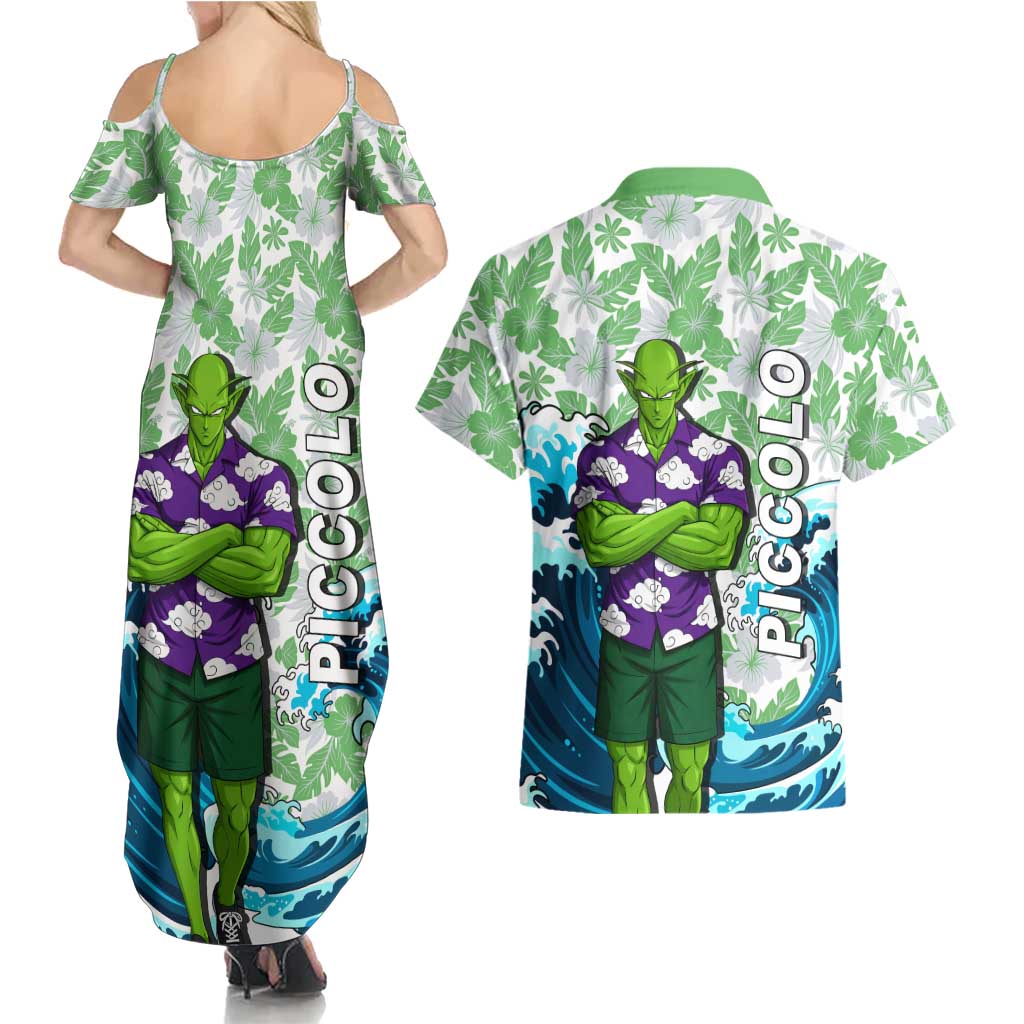Piccolo Dragon Ball Summer Theme Couples Matching Summer Maxi Dress and Hawaiian Shirt with Tropical Shirt Shenron Background and Ocean Wave Design - The Mazicc
