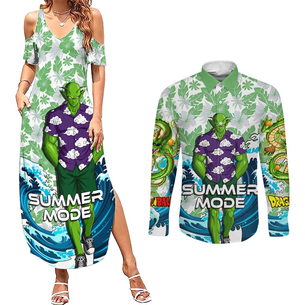 Piccolo Dragon Ball Summer Theme Couples Matching Summer Maxi Dress and Long Sleeve Button Shirt with Tropical Shirt Shenron Background and Ocean Wave Design - The Mazicc