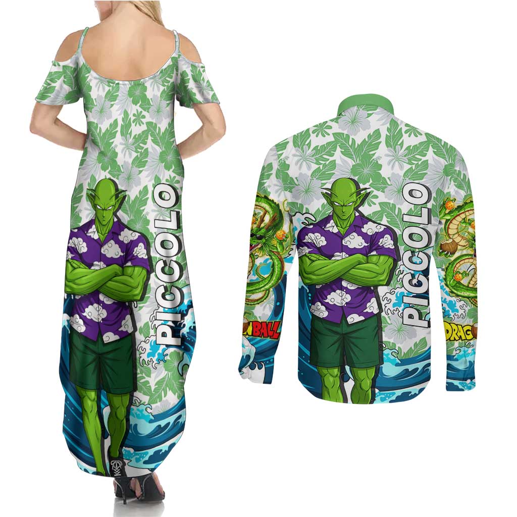 Piccolo Dragon Ball Summer Theme Couples Matching Summer Maxi Dress and Long Sleeve Button Shirt with Tropical Shirt Shenron Background and Ocean Wave Design - The Mazicc
