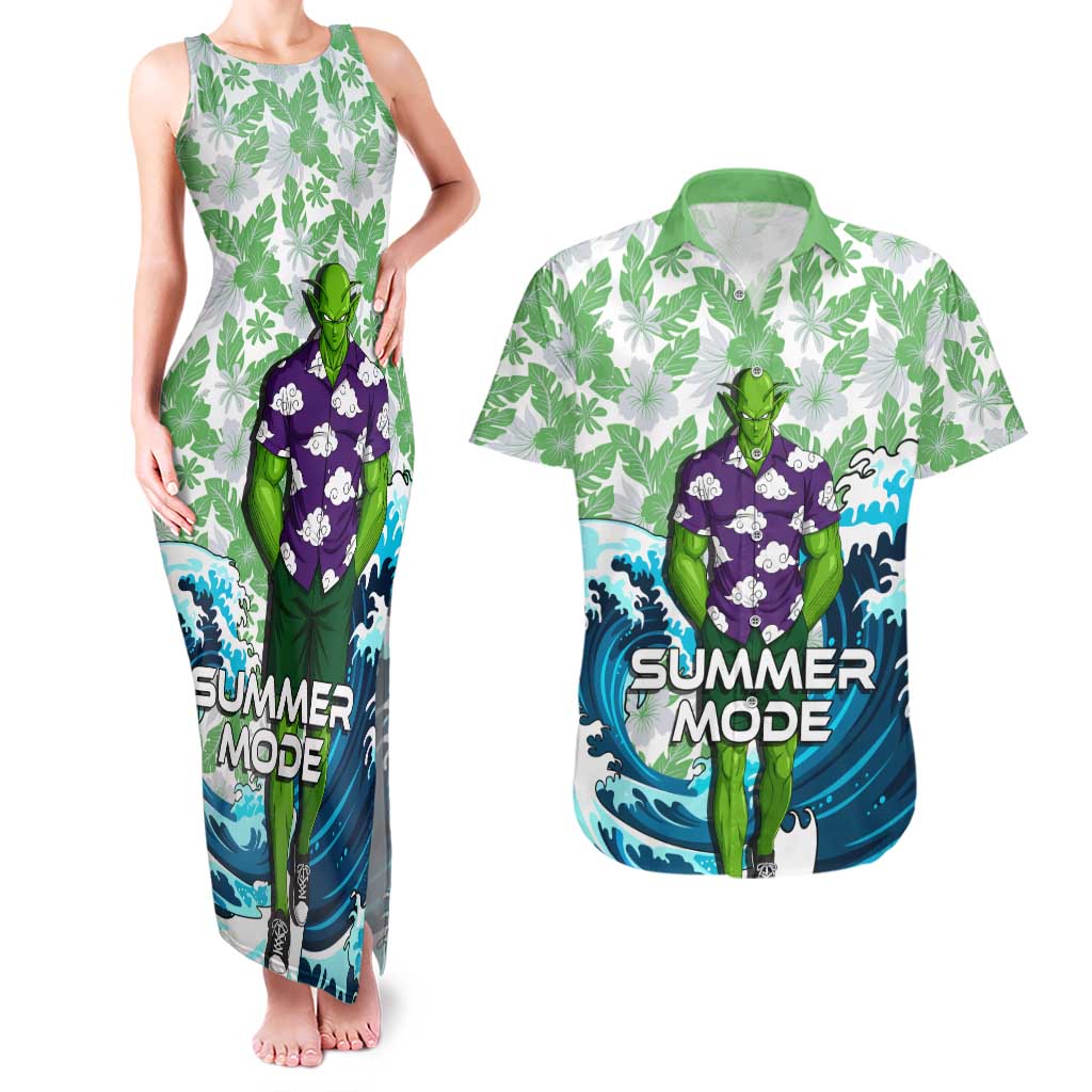 Piccolo Dragon Ball Summer Theme Couples Matching Tank Maxi Dress and Hawaiian Shirt with Tropical Shirt Shenron Background and Ocean Wave Design - The Mazicc