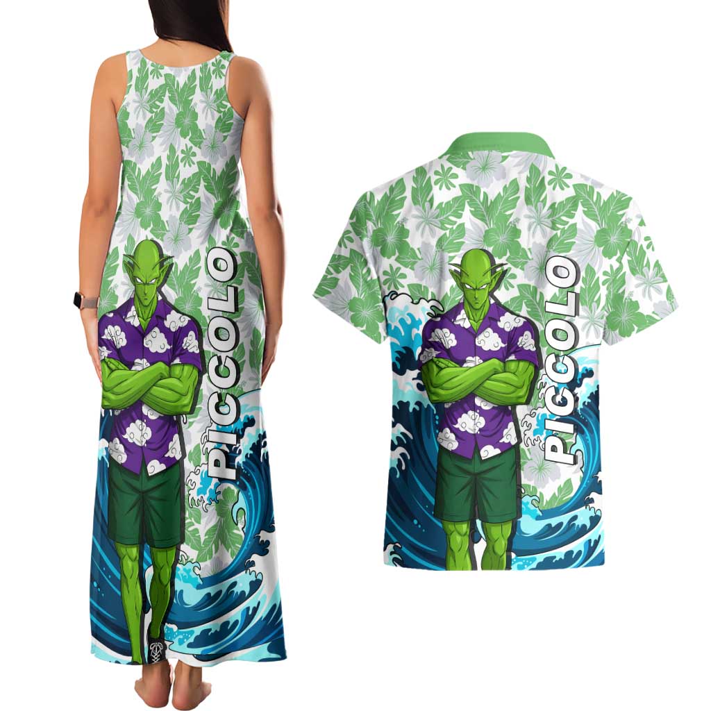Piccolo Dragon Ball Summer Theme Couples Matching Tank Maxi Dress and Hawaiian Shirt with Tropical Shirt Shenron Background and Ocean Wave Design - The Mazicc