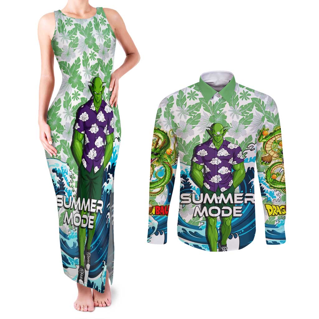 Piccolo Dragon Ball Summer Theme Couples Matching Tank Maxi Dress and Long Sleeve Button Shirt with Tropical Shirt Shenron Background and Ocean Wave Design - The Mazicc