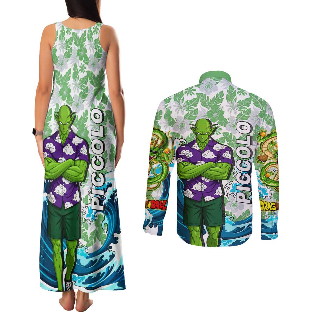 Piccolo Dragon Ball Summer Theme Couples Matching Tank Maxi Dress and Long Sleeve Button Shirt with Tropical Shirt Shenron Background and Ocean Wave Design - The Mazicc