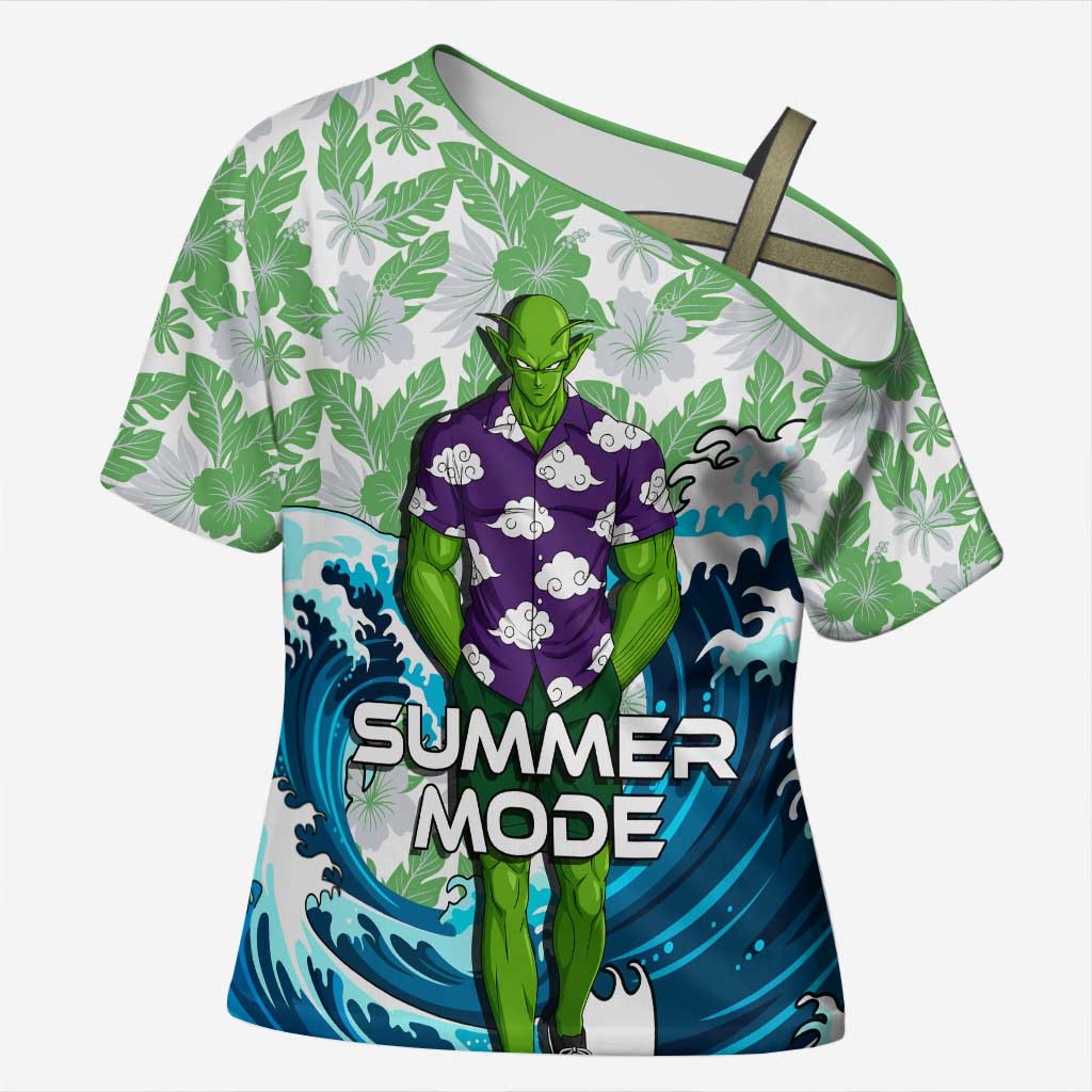 Piccolo Dragon Ball Summer Theme Cross Shoulder Shirt with Tropical Shirt Shenron Background and Ocean Wave Design - The Mazicc
