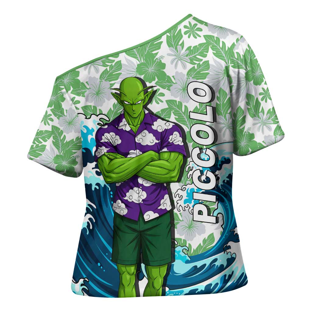 Piccolo Dragon Ball Summer Theme Cross Shoulder Shirt with Tropical Shirt Shenron Background and Ocean Wave Design - The Mazicc