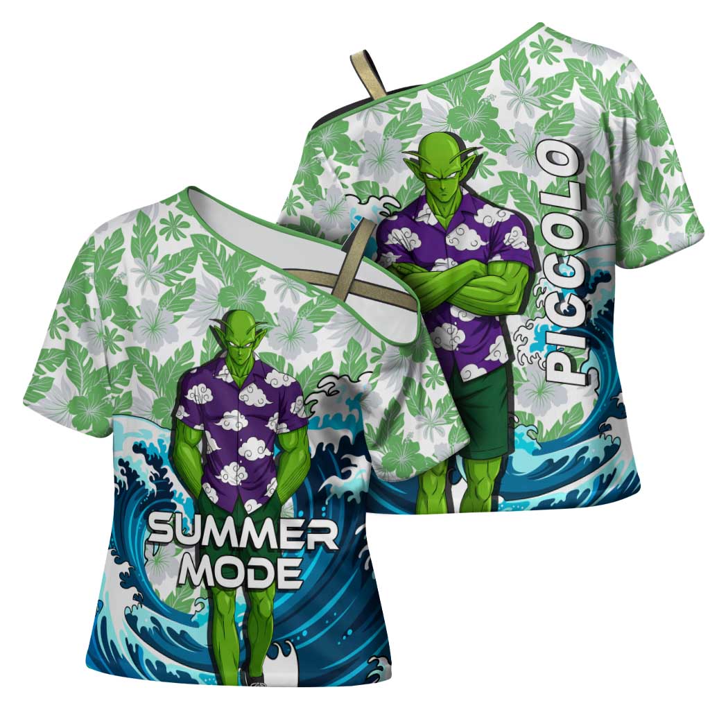 Piccolo Dragon Ball Summer Theme Cross Shoulder Shirt with Tropical Shirt Shenron Background and Ocean Wave Design - The Mazicc