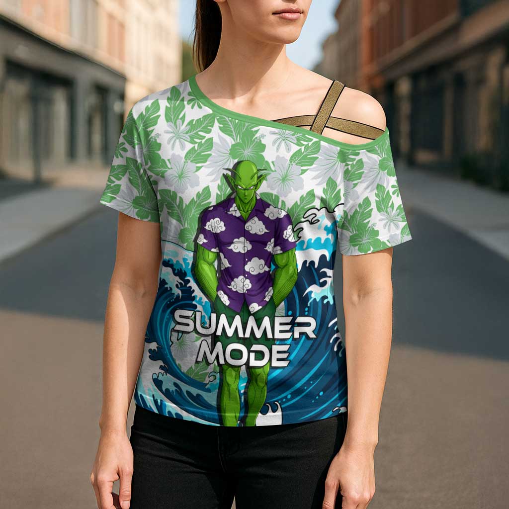 Piccolo Dragon Ball Summer Theme Cross Shoulder Shirt with Tropical Shirt Shenron Background and Ocean Wave Design - The Mazicc