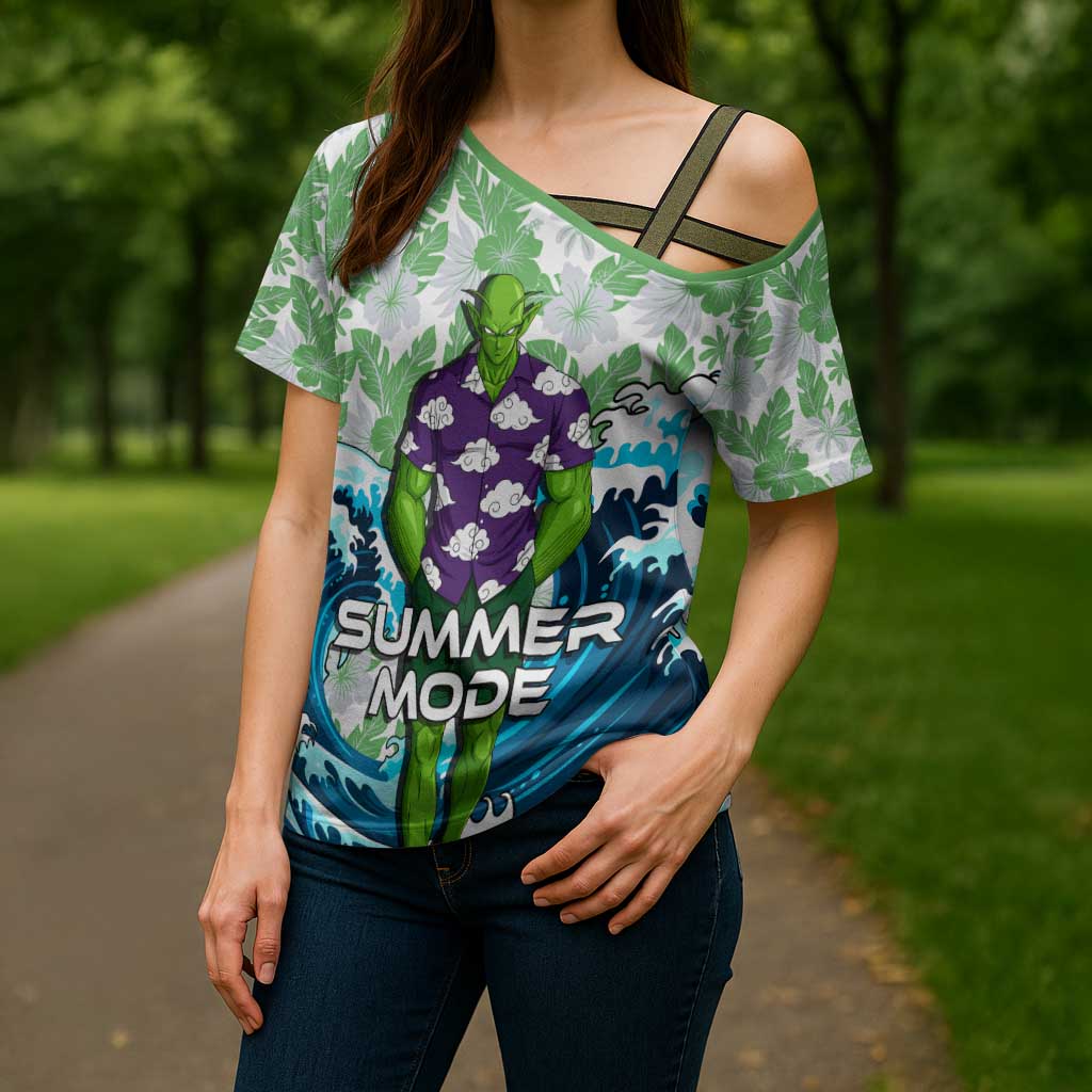 Piccolo Dragon Ball Summer Theme Cross Shoulder Shirt with Tropical Shirt Shenron Background and Ocean Wave Design - The Mazicc