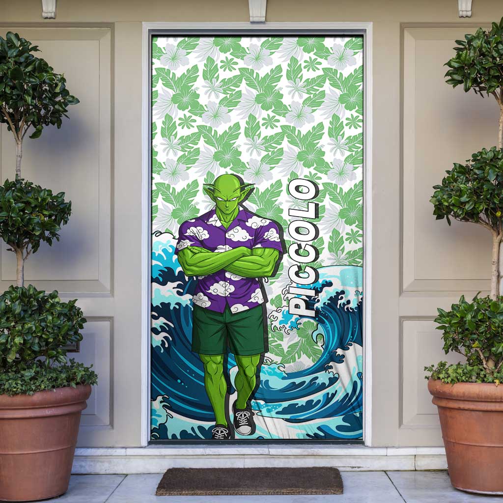 Piccolo Dragon Ball Summer Theme Door Cover with Tropical Shirt Shenron Background and Ocean Wave Design - The Mazicc