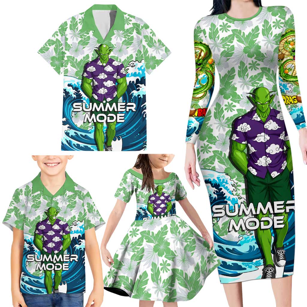 Piccolo Dragon Ball Summer Theme Family Matching Long Sleeve Bodycon Dress and Hawaiian Shirt with Tropical Shirt Shenron Background and Ocean Wave Design