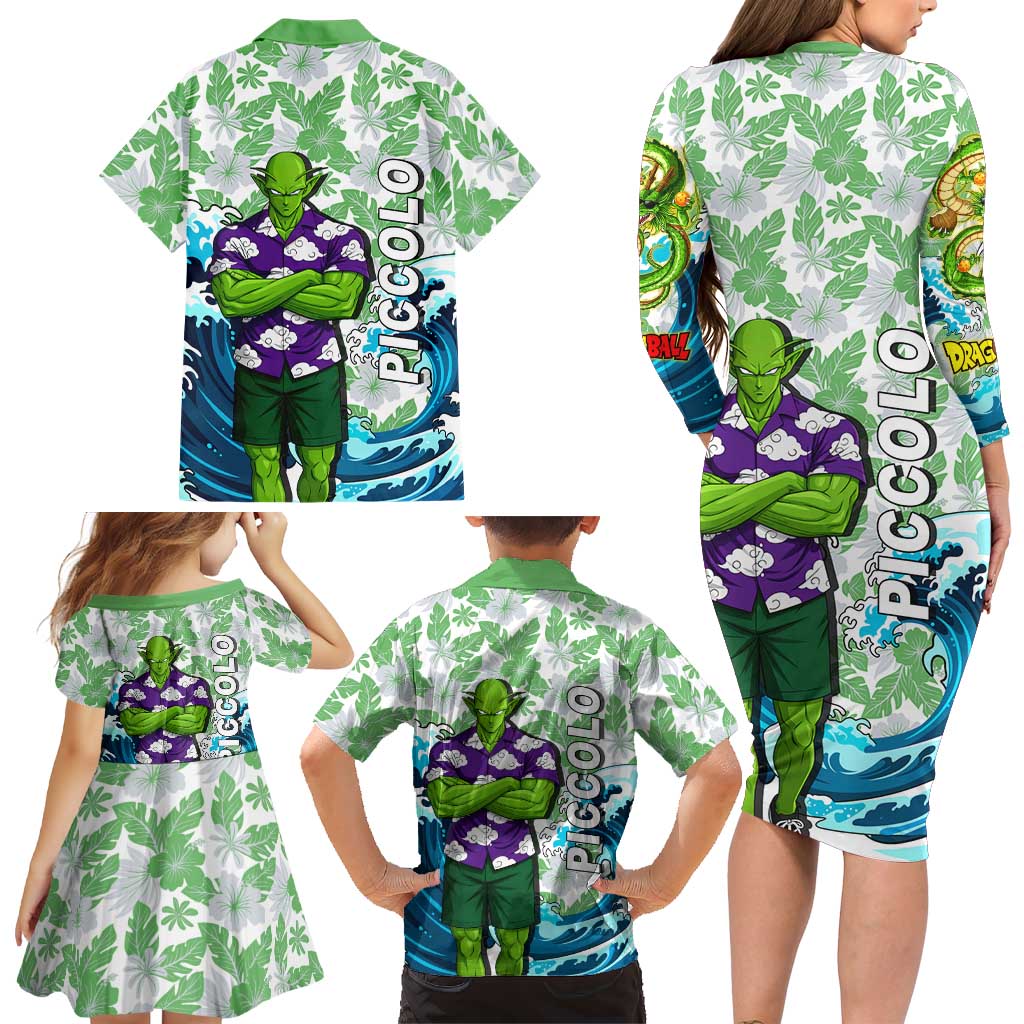 Piccolo Dragon Ball Summer Theme Family Matching Long Sleeve Bodycon Dress and Hawaiian Shirt with Tropical Shirt Shenron Background and Ocean Wave Design