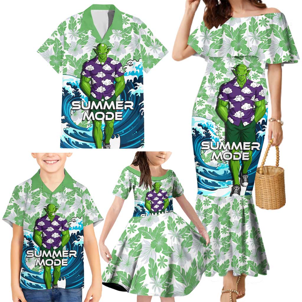 Piccolo Dragon Ball Summer Theme Family Matching Mermaid Dress and Hawaiian Shirt with Tropical Shirt Shenron Background and Ocean Wave Design