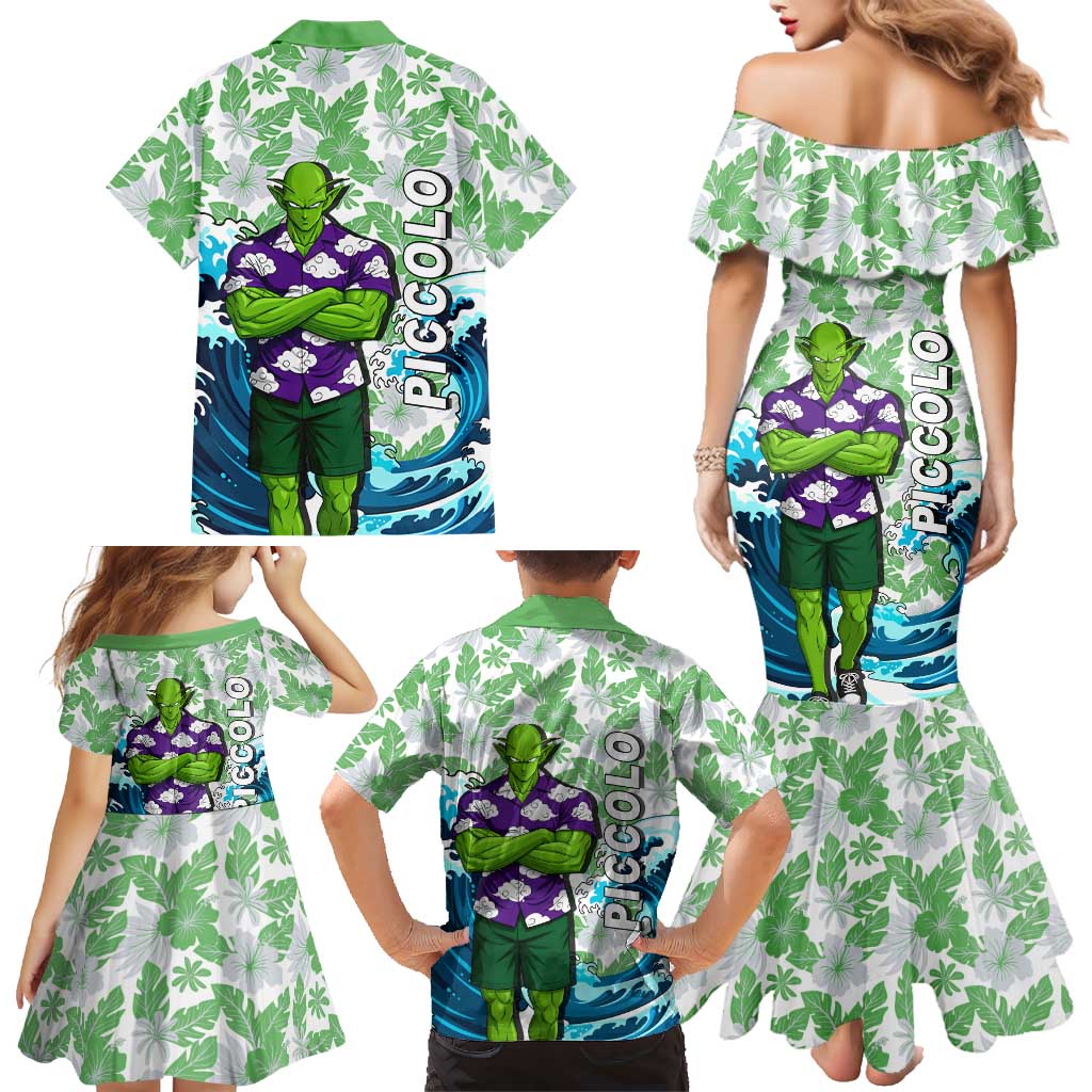 Piccolo Dragon Ball Summer Theme Family Matching Mermaid Dress and Hawaiian Shirt with Tropical Shirt Shenron Background and Ocean Wave Design