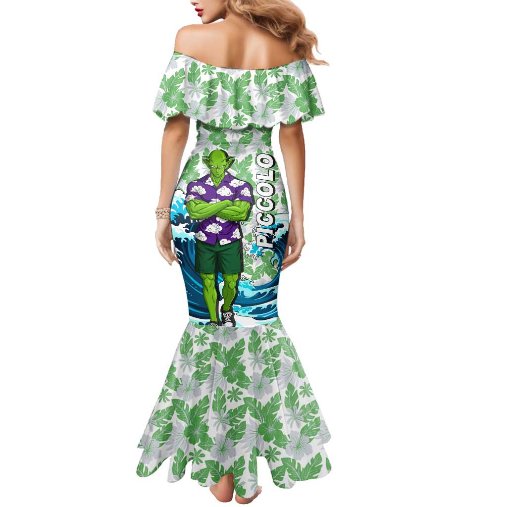 Piccolo Dragon Ball Summer Theme Family Matching Mermaid Dress and Hawaiian Shirt with Tropical Shirt Shenron Background and Ocean Wave Design