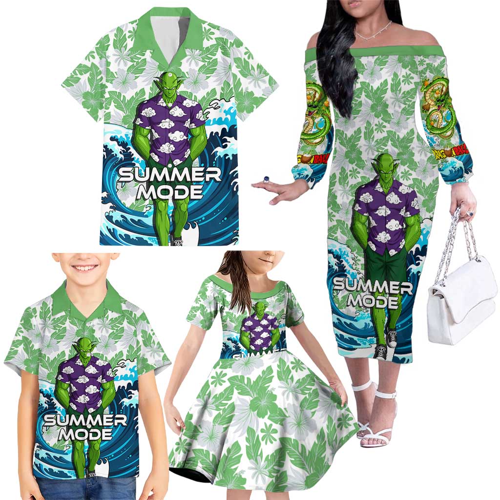 Piccolo Dragon Ball Summer Theme Family Matching Off The Shoulder Long Sleeve Dress and Hawaiian Shirt with Tropical Shirt Shenron Background and Ocean Wave Design