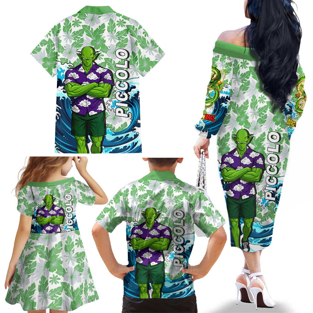 Piccolo Dragon Ball Summer Theme Family Matching Off The Shoulder Long Sleeve Dress and Hawaiian Shirt with Tropical Shirt Shenron Background and Ocean Wave Design