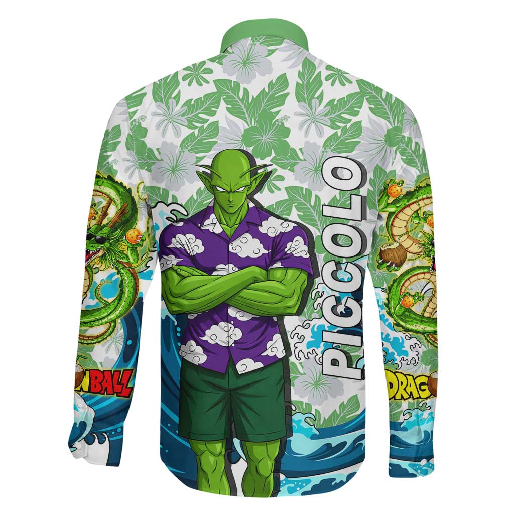 Piccolo Dragon Ball Summer Theme Family Matching Off The Shoulder Long Sleeve Dress and Hawaiian Shirt with Tropical Shirt Shenron Background and Ocean Wave Design