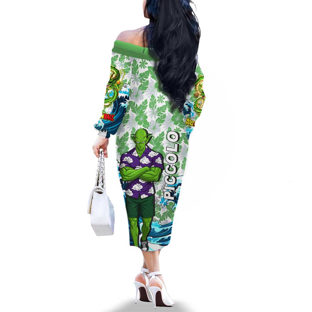 Piccolo Dragon Ball Summer Theme Family Matching Off The Shoulder Long Sleeve Dress and Hawaiian Shirt with Tropical Shirt Shenron Background and Ocean Wave Design