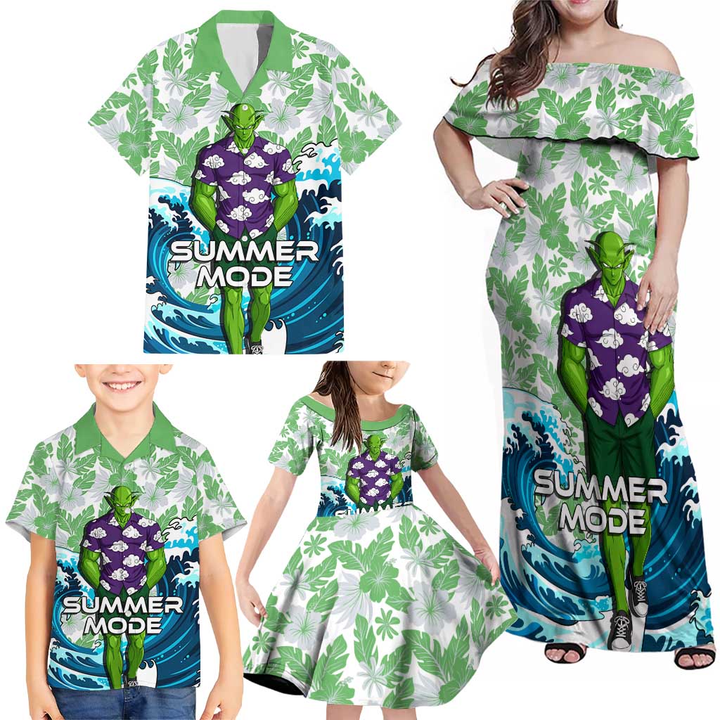 Piccolo Dragon Ball Summer Theme Family Matching Off Shoulder Maxi Dress and Hawaiian Shirt with Tropical Shirt Shenron Background and Ocean Wave Design