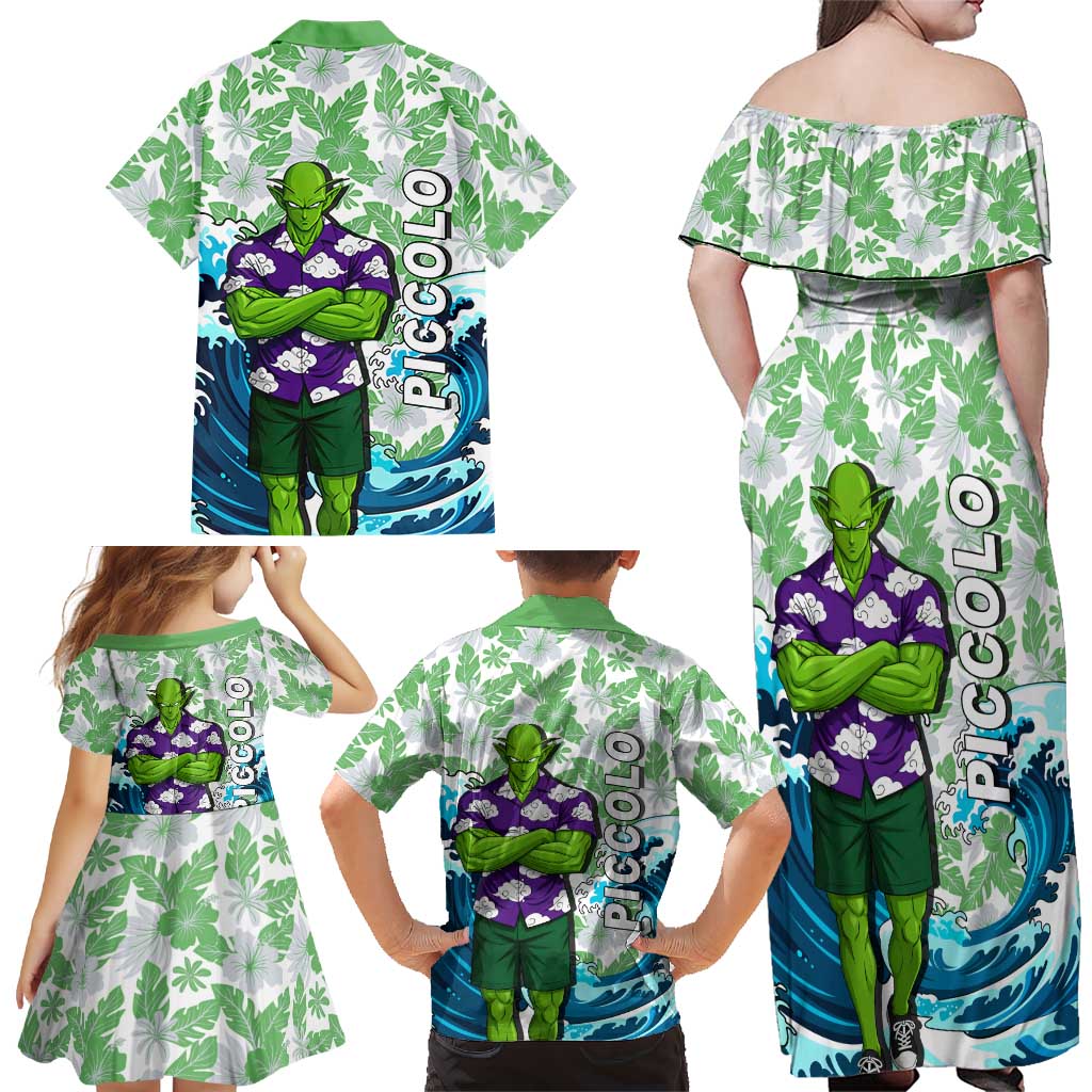 Piccolo Dragon Ball Summer Theme Family Matching Off Shoulder Maxi Dress and Hawaiian Shirt with Tropical Shirt Shenron Background and Ocean Wave Design