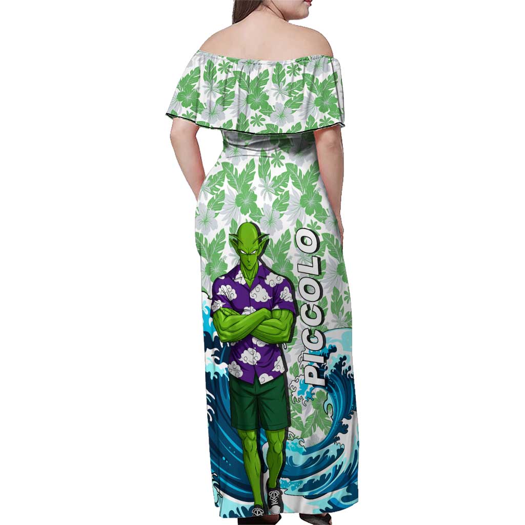 Piccolo Dragon Ball Summer Theme Family Matching Off Shoulder Maxi Dress and Hawaiian Shirt with Tropical Shirt Shenron Background and Ocean Wave Design