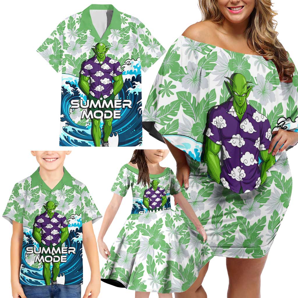 Piccolo Dragon Ball Summer Theme Family Matching Off Shoulder Short Dress and Hawaiian Shirt with Tropical Shirt Shenron Background and Ocean Wave Design