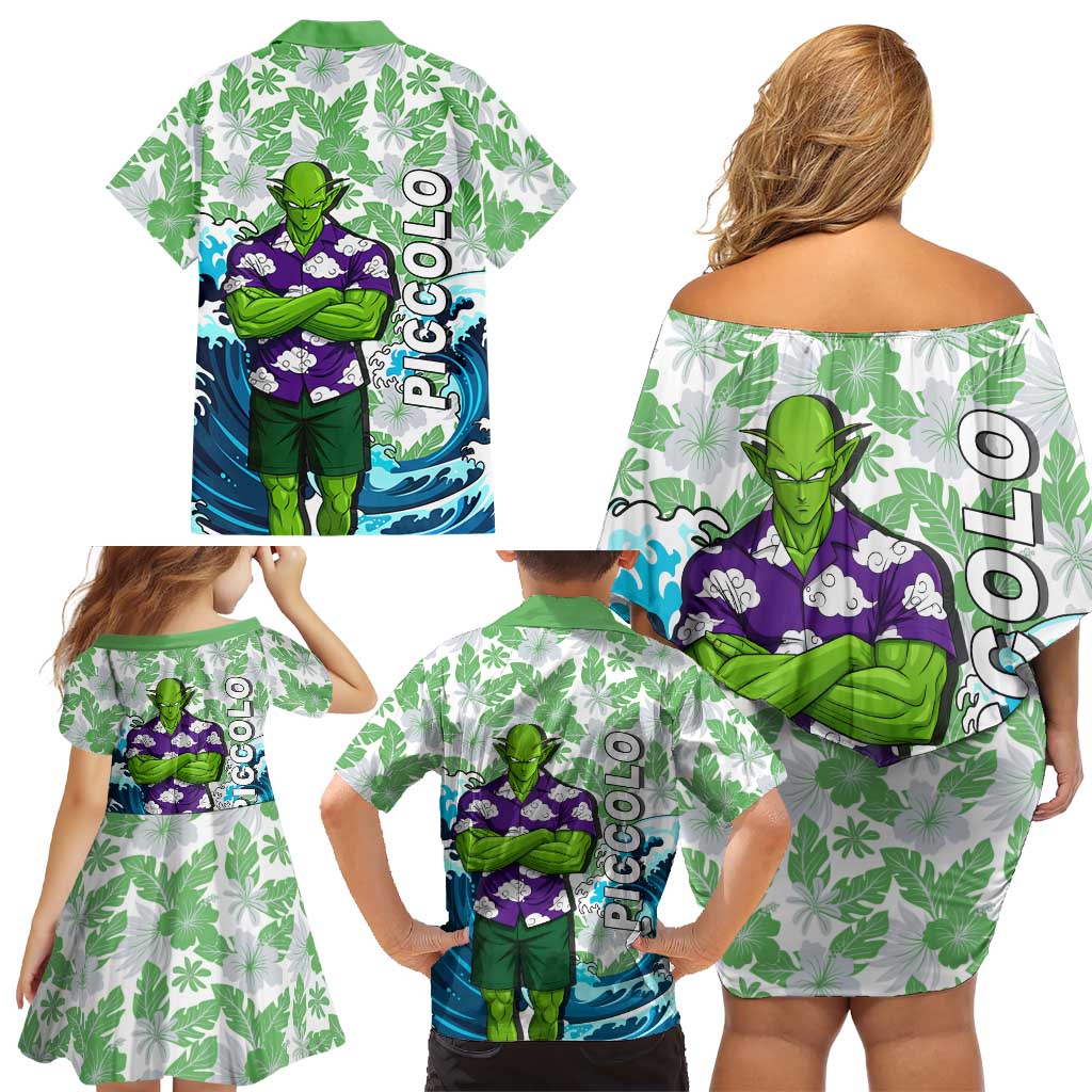 Piccolo Dragon Ball Summer Theme Family Matching Off Shoulder Short Dress and Hawaiian Shirt with Tropical Shirt Shenron Background and Ocean Wave Design