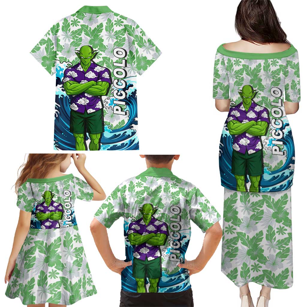 Piccolo Dragon Ball Summer Theme Family Matching Puletasi and Hawaiian Shirt with Tropical Shirt Shenron Background and Ocean Wave Design
