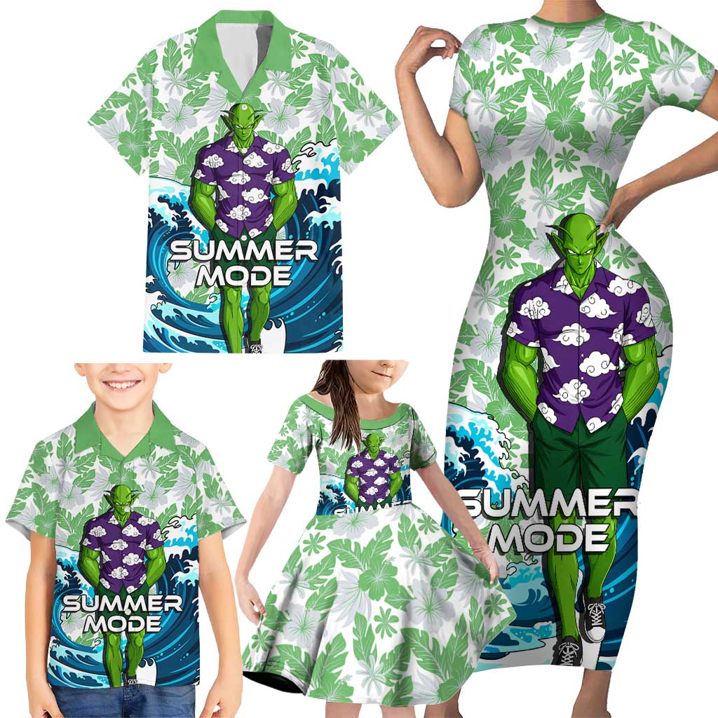 Piccolo Dragon Ball Summer Theme Family Matching Short Sleeve Bodycon Dress and Hawaiian Shirt with Tropical Shirt Shenron Background and Ocean Wave Design