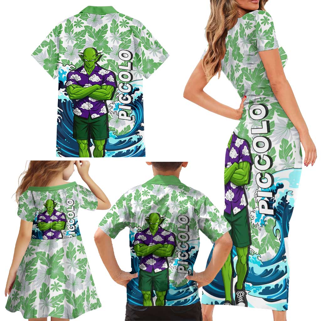 Piccolo Dragon Ball Summer Theme Family Matching Short Sleeve Bodycon Dress and Hawaiian Shirt with Tropical Shirt Shenron Background and Ocean Wave Design