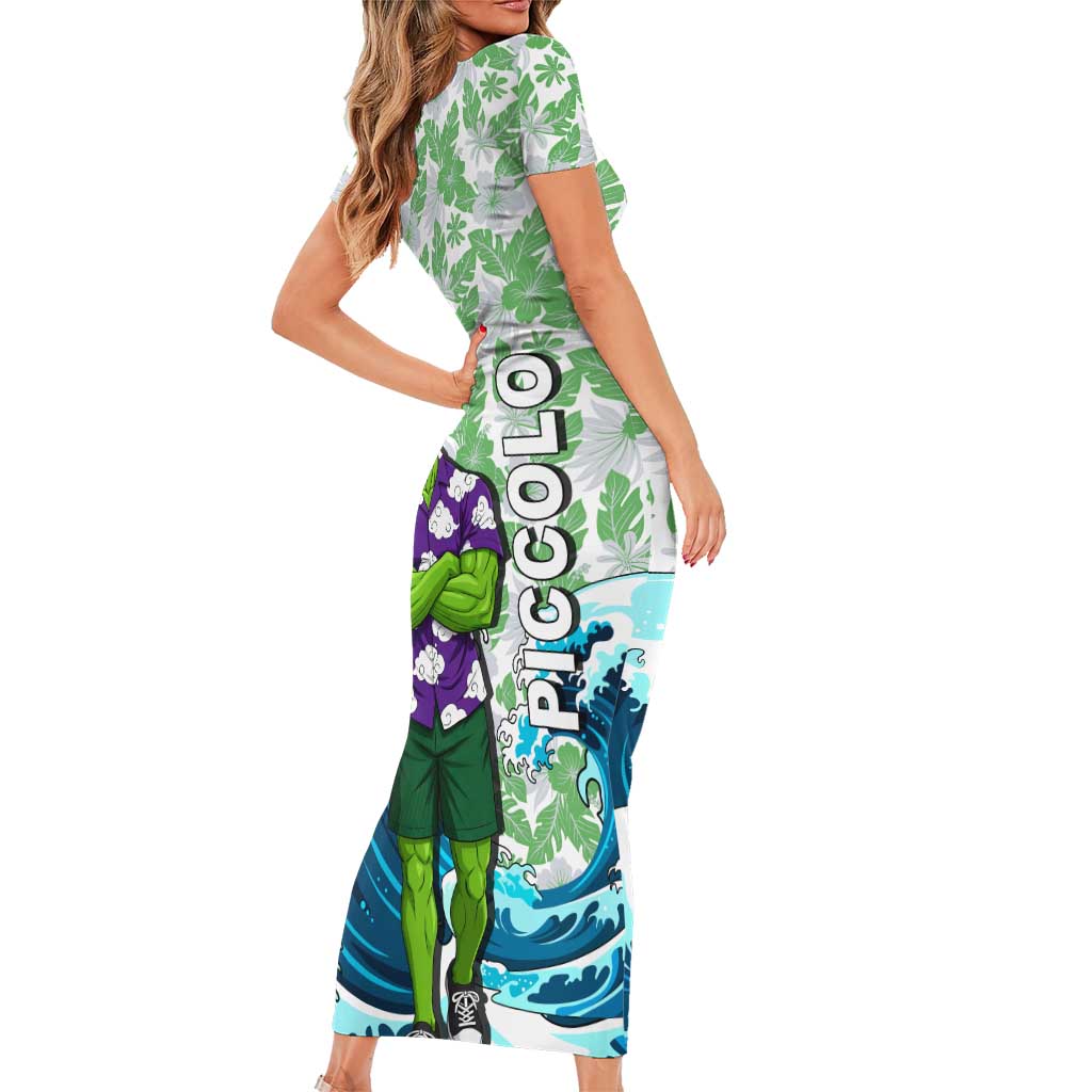 Piccolo Dragon Ball Summer Theme Family Matching Short Sleeve Bodycon Dress and Hawaiian Shirt with Tropical Shirt Shenron Background and Ocean Wave Design