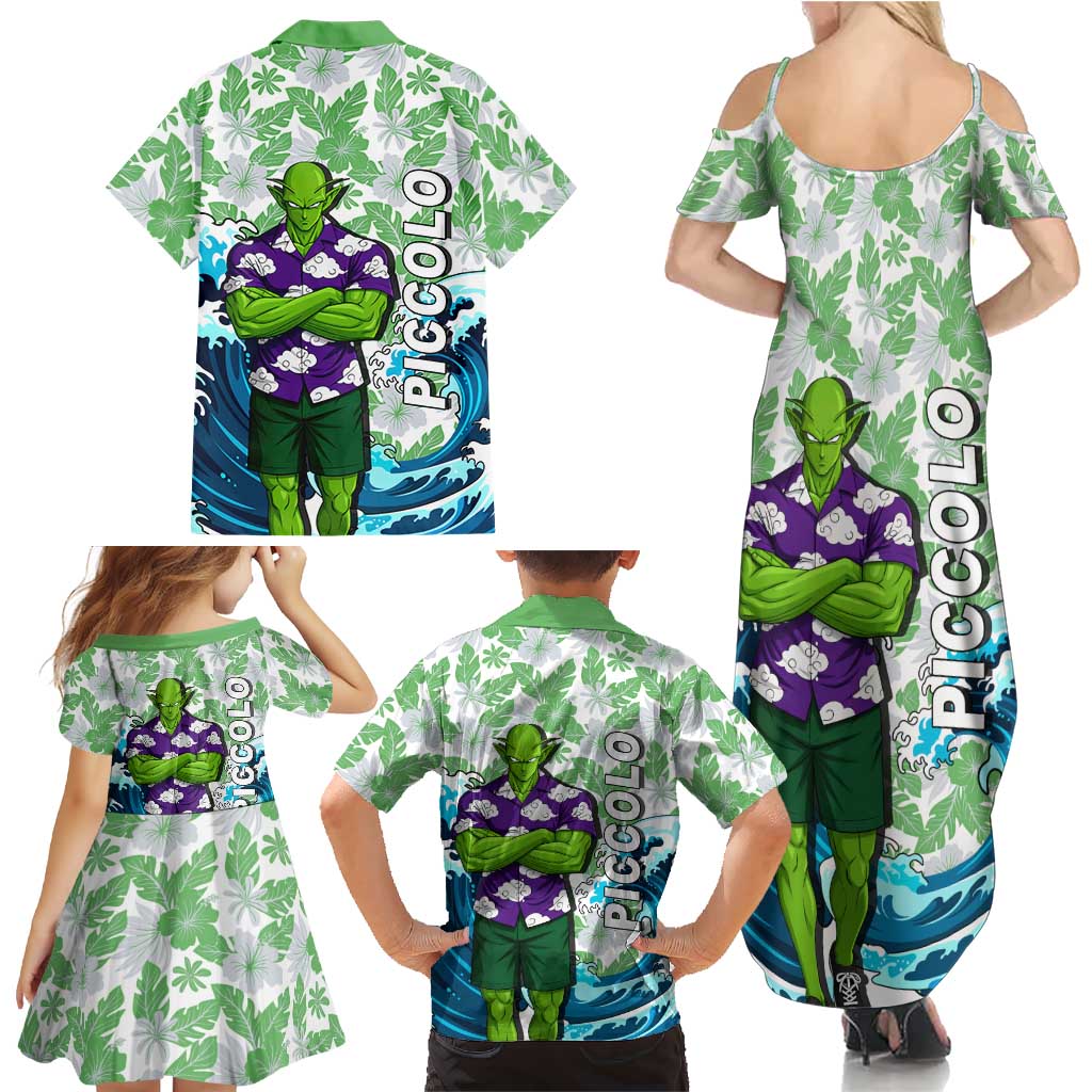Piccolo Dragon Ball Summer Theme Family Matching Summer Maxi Dress and Hawaiian Shirt with Tropical Shirt Shenron Background and Ocean Wave Design