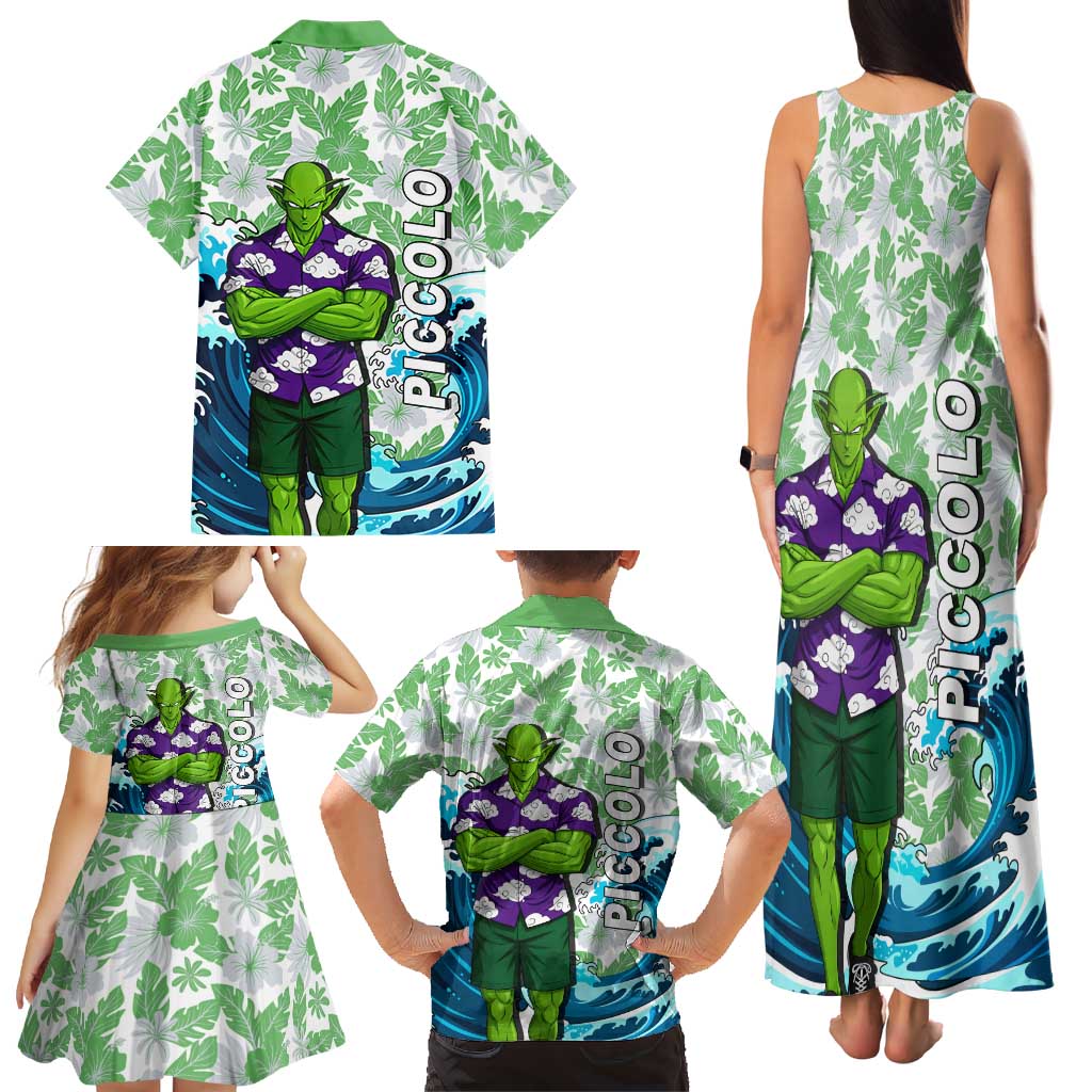 Piccolo Dragon Ball Summer Theme Family Matching Tank Maxi Dress and Hawaiian Shirt with Tropical Shirt Shenron Background and Ocean Wave Design