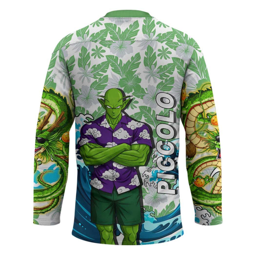 Piccolo Dragon Ball Summer Theme Hockey Jersey with Tropical Shirt Shenron Background and Ocean Wave Design - The Mazicc