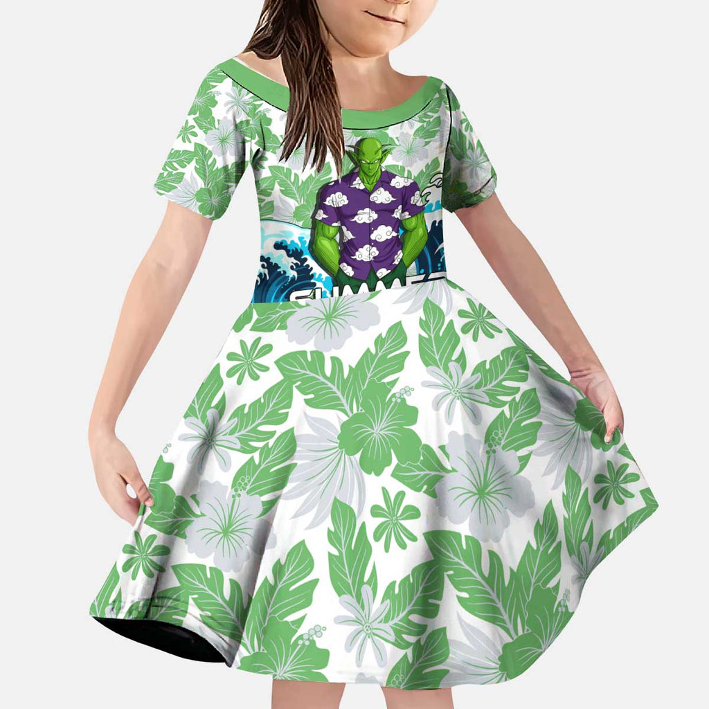 Piccolo Dragon Ball Summer Theme Kid Short Sleeve Dress with Tropical Shirt Shenron Background and Ocean Wave Design - The Mazicc