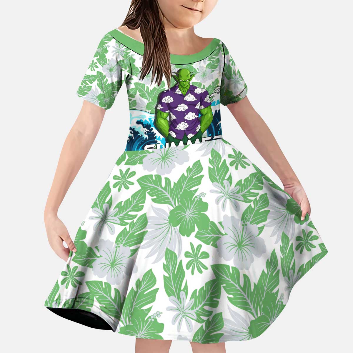 Piccolo Dragon Ball Summer Theme Kid Short Sleeve Dress with Tropical Shirt Shenron Background and Ocean Wave Design - The Mazicc