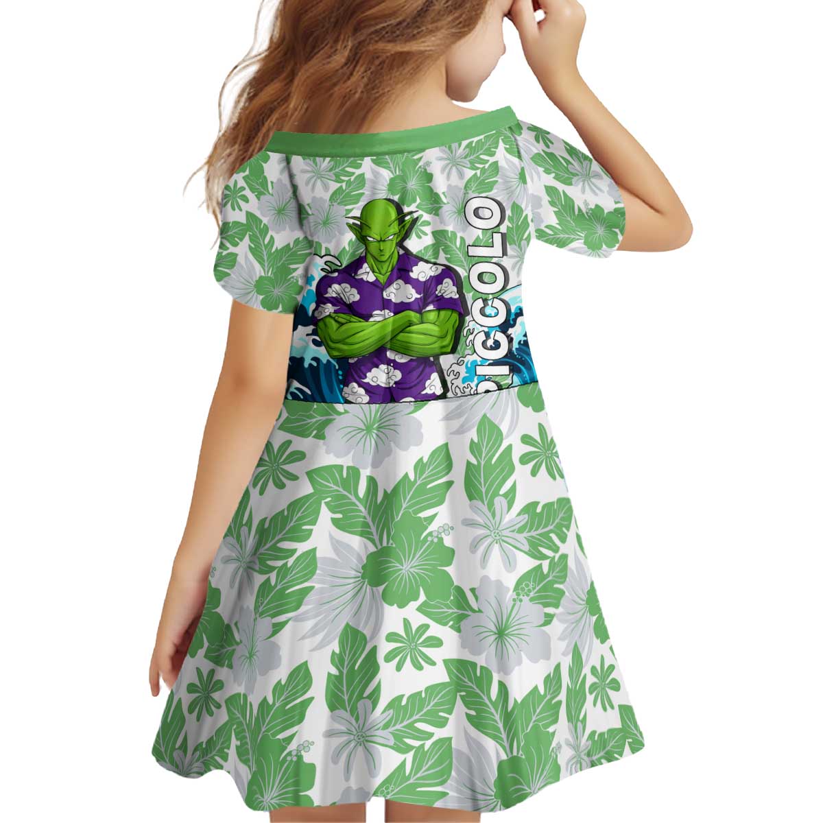 Piccolo Dragon Ball Summer Theme Kid Short Sleeve Dress with Tropical Shirt Shenron Background and Ocean Wave Design - The Mazicc