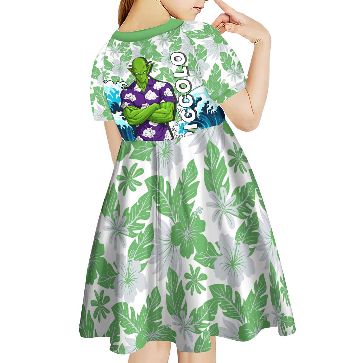 Piccolo Dragon Ball Summer Theme Kid Short Sleeve Dress with Tropical Shirt Shenron Background and Ocean Wave Design - The Mazicc