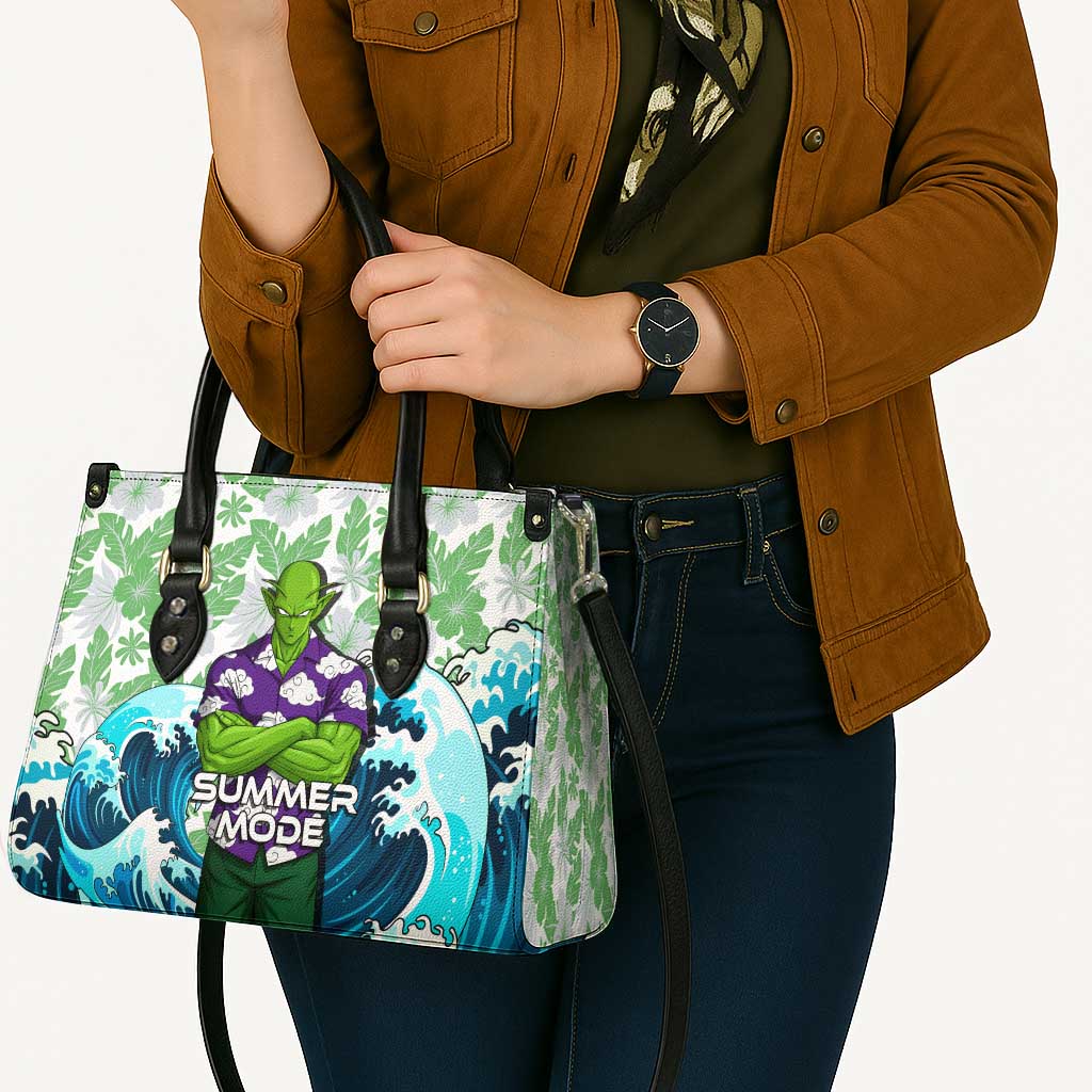Piccolo Dragon Ball Summer Theme Leather Bag with Tropical Shirt Shenron Background and Ocean Wave Design - The Mazicc