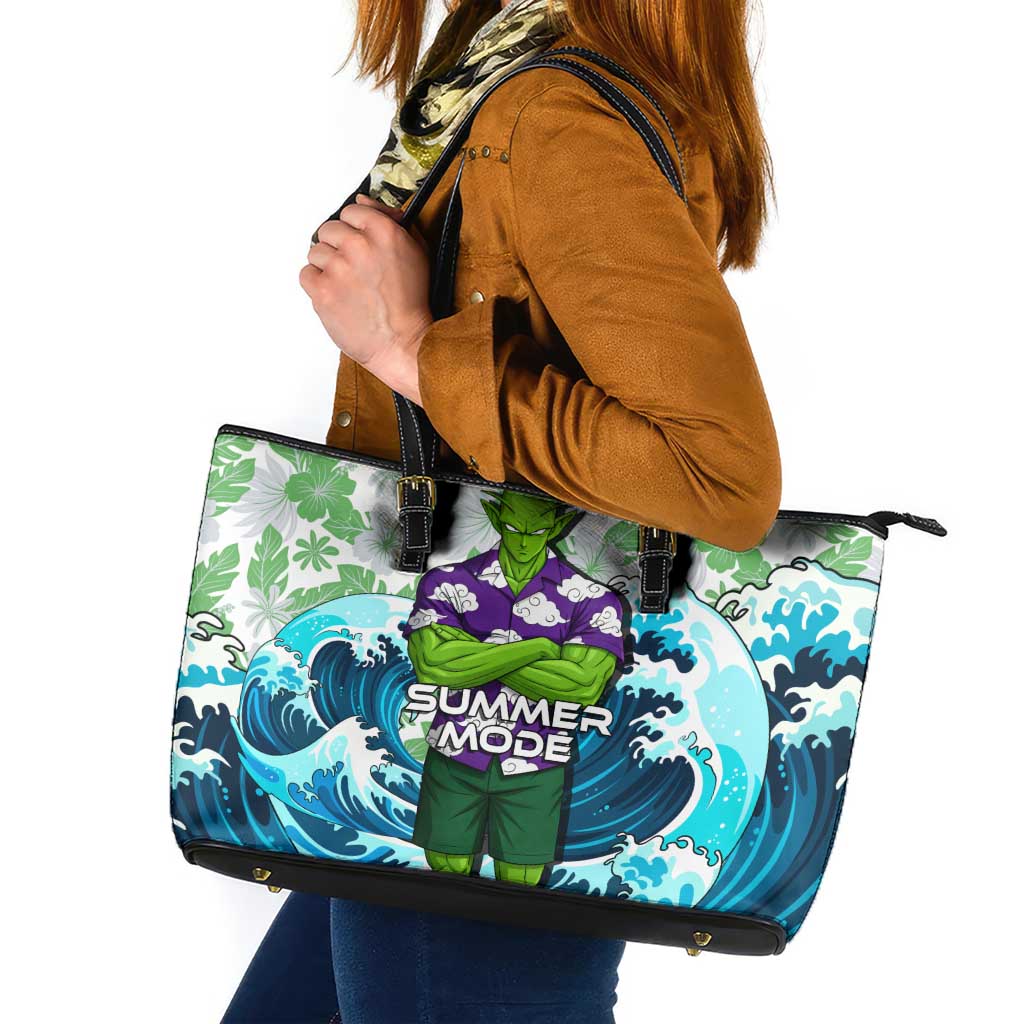 Piccolo Dragon Ball Summer Theme Leather Tote Bag with Tropical Shirt Shenron Background and Ocean Wave Design - The Mazicc